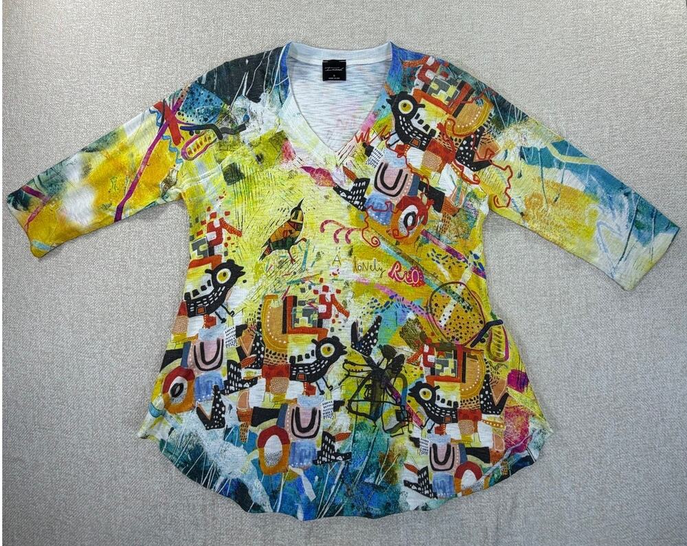 Inoah Women S Artsy Boho Abstract 3/4 Sleeve Lightweight Knit Sweater Top